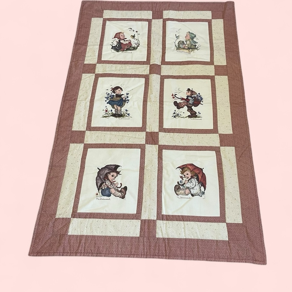 Cute vintage Hummel cross stitch quilt 40” x 61.5” cottagecore rustic grandma